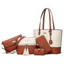 Bolso bandolera de patchwork de bloques de color, bolso de mano para mujeres, 5 piezas, diseño casual adecuado para la escuela y el trabajo. - 1-4 Rosa y Albaricoque - Ver 9