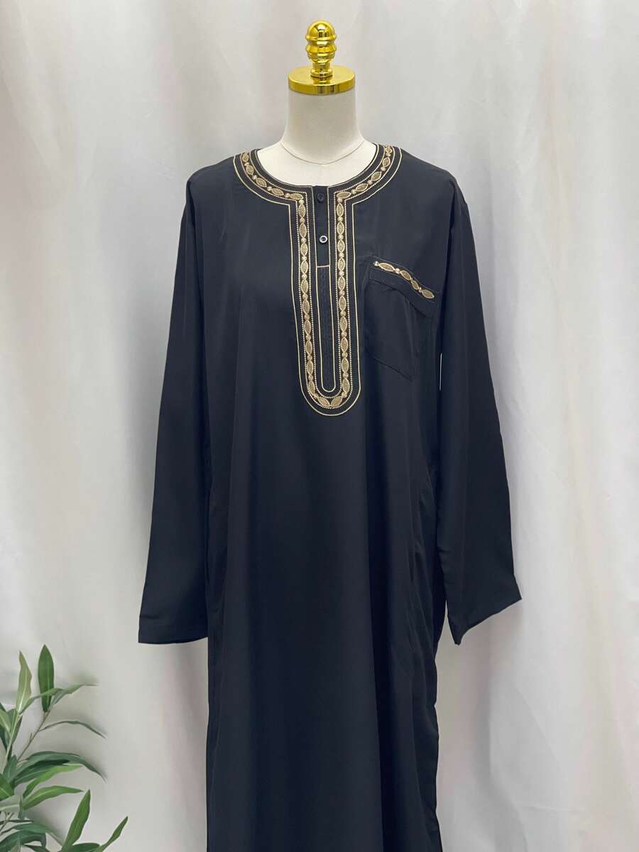 Elegant Multi-Color Thobes With Gold Embroidery - Black - View 1