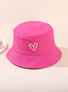1pc Vintage Solid Color Heart Embroidery Kids Bucket Hat, Outdoor Sports Travel Sun Protection Sunscreen Bucket Hat For Boys And Girls
