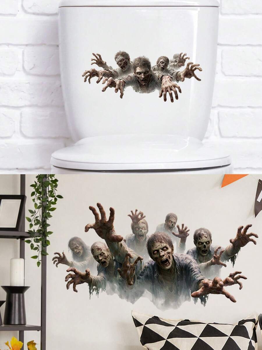 Halloween Zombies, die mit bedrohlichen Gesten auf Sie zukommen, Toiletten- und Wandaufkleber, terroristisch realistischer Wanddekor-Stil, matte Oberfläche, wasserfest, ablösbar, selbstklebend, einfach abziehen und aufkleben, abnehmbares einzigartiges Feriengeschenk, Halloween Dekoration - Verschiedenfarbig - Übersicht 1