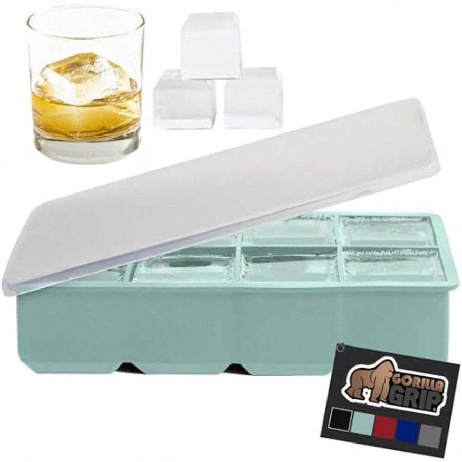 Slow Melting Large Silicone Ice Cube Tray For Freezer Easy To Push 8 Giant Square Cubes Use For Cocktails Iced Coffee Water Bottle Frozen Puree Kitchen Bar Essentials 1 Pack Mint - 作為 - 查看 1