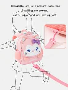 1pc Girls Oversized Cute Cat Print Waterproof Anti-Lost Zipper Closure Cartoon Backpack, Daycare Kindergarten School Bag - Pink - View 6