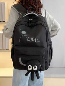 Mochilas esenciales para estudiantes de secundaria, preparatoria y universidad: de gran capacidad, con diseños lindos de dibujos animados, ideales para adolescentes - Negro - Ver 2