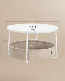 VASAGLE - Mesa de Centro Redonda con Almacenamiento, Mesa Central Redonda para Sala de Estar con Cesta de Tela, Estilo Moderno, Marco de Metal, Blanco Mate y café Camello ULCT244W10 - Blanco - Ver 8