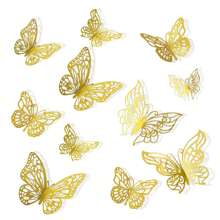 12 Stücke/Packung, 3D Schmetterling Wanddekoration, 3 verschiedene Größen, goldfarbene Schmetterling Wandaufkleber, geeignet für Geburtstag, Party, Torte, Hochzeit, Wohnzimmer, Schlafzimmer Wanddekoration, abnehmbare Wandaufkleber