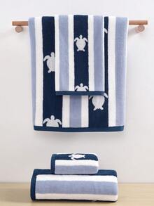 QIBHI 3/2/1件套毛圈提花海龟条纹浴巾/手巾，吸水性强，适用于浴室、酒店、健身房、旅行、礼品、沙龙、运动、户外、海滩、学校、返校季、旅行配件、家居用品 - 藏藍色條紋 - 查看 2