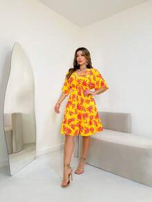 Short Dress/With Stretch/Half Sleeves/Princess/Printed/Women's Fashion/Summer - 101-Amarelo - Xem 1