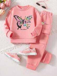 Tween Girl Cartoon Butterfly Print Crew Neck Sweatshirt And Sweatpants Set