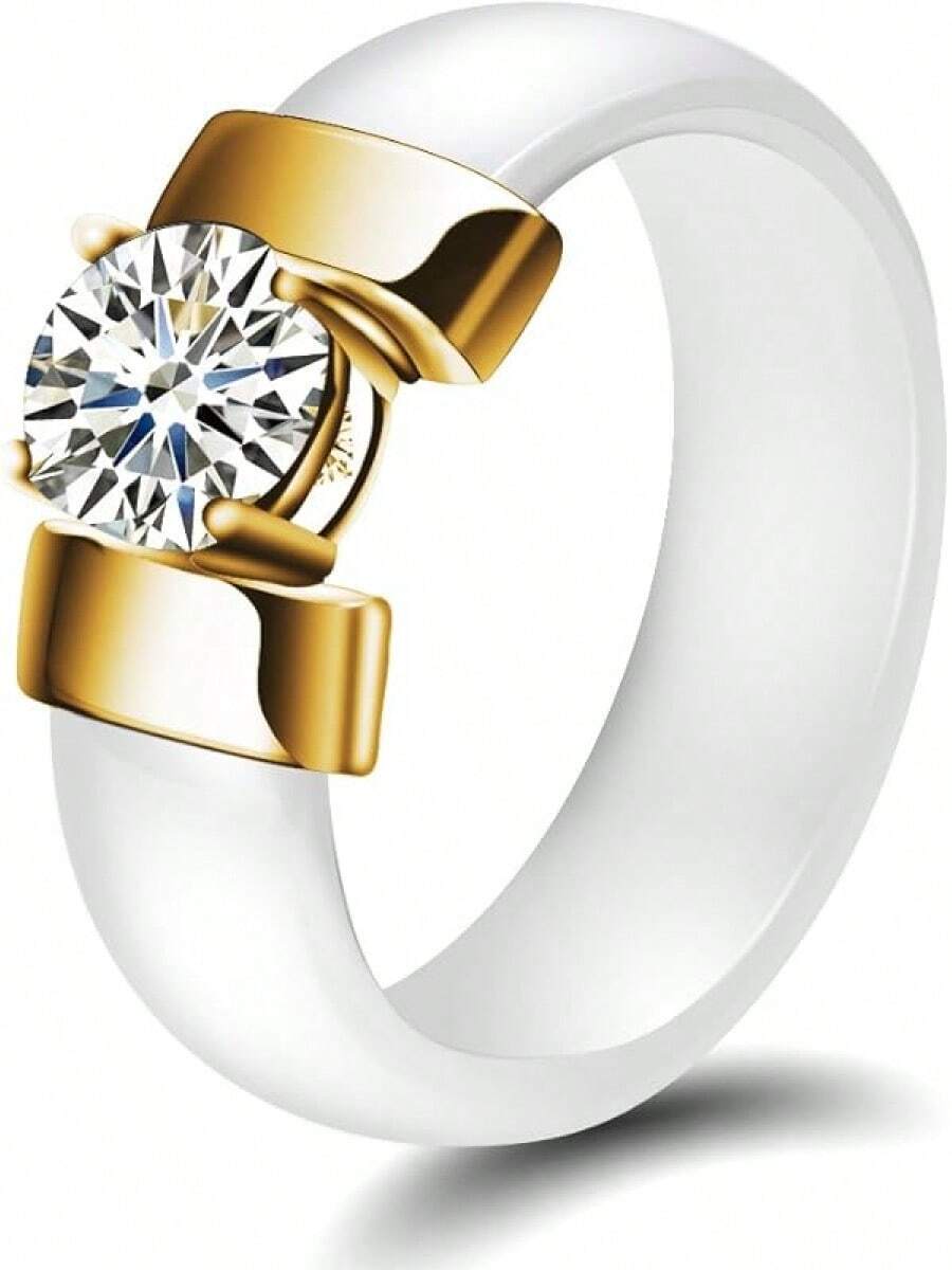 6mm White/Black Ceramic Rings Plus Cubic Zirconia For Women Comfort Fit Engagement Wedding Band Size 5-122025 - White & Gold - View 1