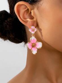 1 Pair Retro Elegant Floral Drop Earrings For Women, Pastel Pink, Suitable For Summer & Vacation Wear