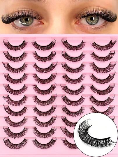 20 de perechi de gene false, gene rusești, tip D, buclate, aspect natural, subțiri, 16 mm, gene false de nurcă, ca extensiile de gene, pufoase, aspect de ochi de pisică, coadă falsă, alungită, pachet de gene tip bandă, gene, gene false