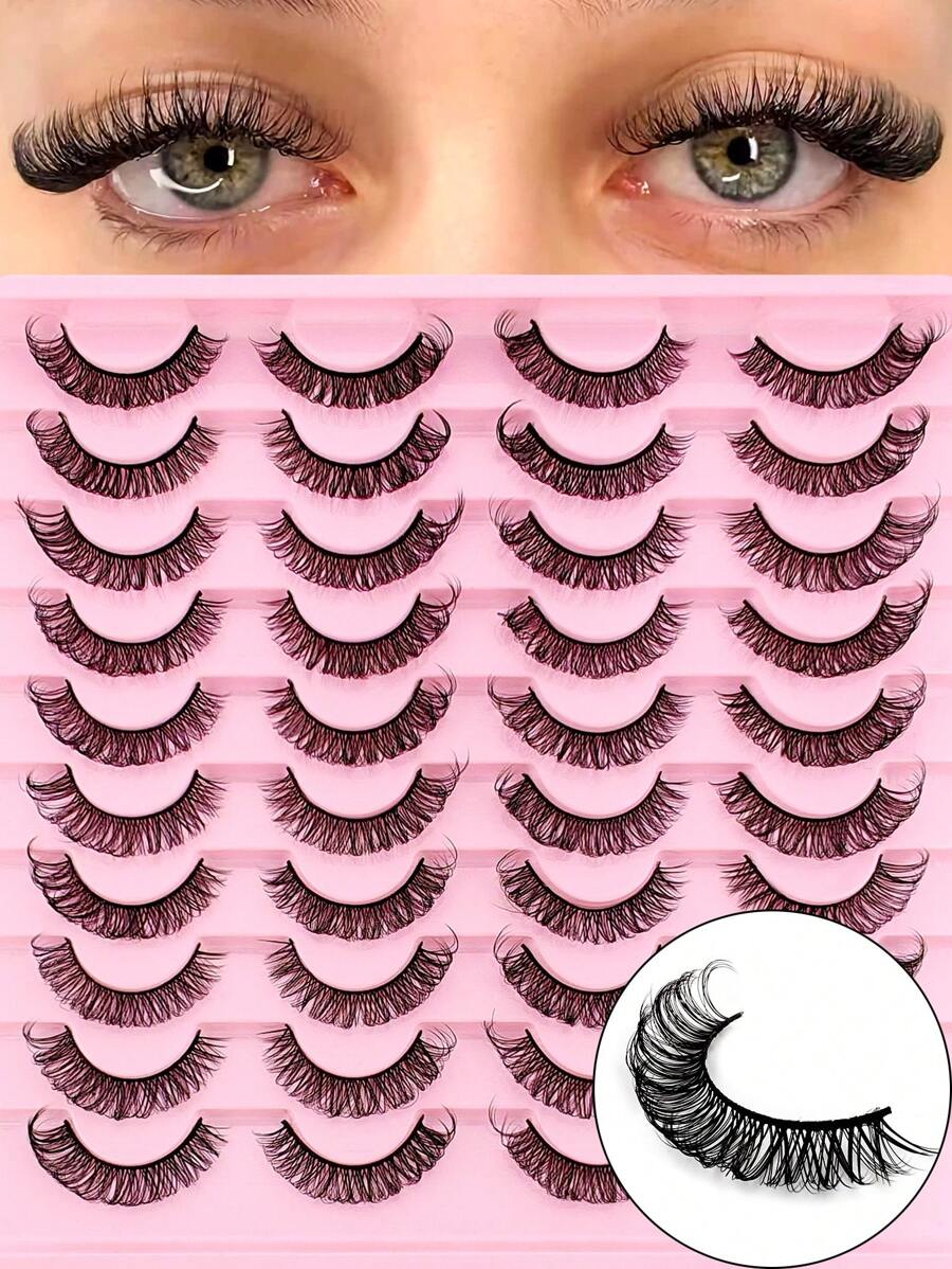 20 Paar falsche Wimpern Russischer Strip Wimpern, D-Locken, verwischt, natürliches Aussehen, 16mm, lockig, wie Echthaarwimpern, flauschiges Katzenaugen-Look, verlängerte gefälschte Wimpern Set