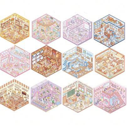 可爱动物卡通 3D 场景贴纸全系列，DIY 房屋贴纸，3D 可爱微型场景贴纸，适合成人儿童缓解压力打发时间