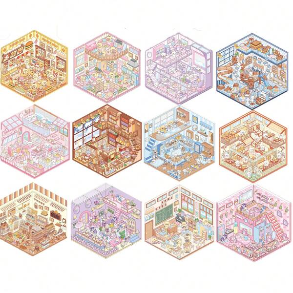 Cute Animal Cartoon 3D Scenes Sticker All Series, DIY House Stickers , 3D Cute Miniature Scene Stickers For Adult Kids Relief Stress Pass The Time