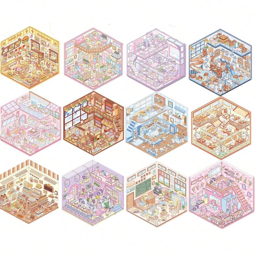 可爱动物卡通 3D 场景贴纸全系列，DIY 房屋贴纸，3D 可爱微型场景贴纸，适合成人儿童缓解压力打发时间 - 彩色 - 查看 1