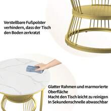 Juego de 2 mesas de centro nido, diseño de mármol, aglomerado, estructura de metal, mesa auxiliar para balcón, mesa de salón, redonda, dorada