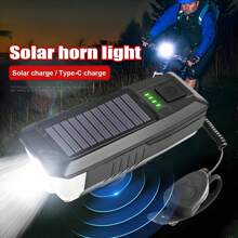 Novo Farol de Bicicleta LED, Farol de Bicicleta Recarregável por Energia Solar, 3 Modos - Regulável, Buzina Alta, Lanterna de Emergência em Material ABS, Iluminação de Segurança Noturna para Ciclismo, Conjunto de Farol Dianteiro e Lanterna Traseira de Bicicleta Recarregável por USB de Alta Capacidade de Bateria