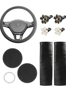 女士真皮方向盘套 10 件装，适用于 14.5-15 英寸汽车，带安全带肩垫、安全带套杯架、启动按钮环贴纸，女士汽车配件