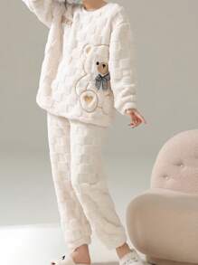 Cute Striped Wool Pajama Set - Thermal Lined Bear Pattern Warm Sleepwear Set, Soft Polyester Long Sleeve Top & Pants, Suitable For Christmas & New Year, 2-Piece Teenage Girls Home Set, Autumn/Winter