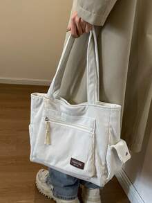 简约多口袋大容量托特包，纯色单肩复古大号灯芯绒单肩包，适合秋冬通勤上班，休闲挎包手提包时尚流浪汉购物袋，适合女性节日礼物 - 黑色 - 查看 2