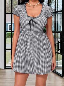 Women Mini Dress Short Sleeve V Neck Plaid Dress Summer A-Line Dress For Daily Party