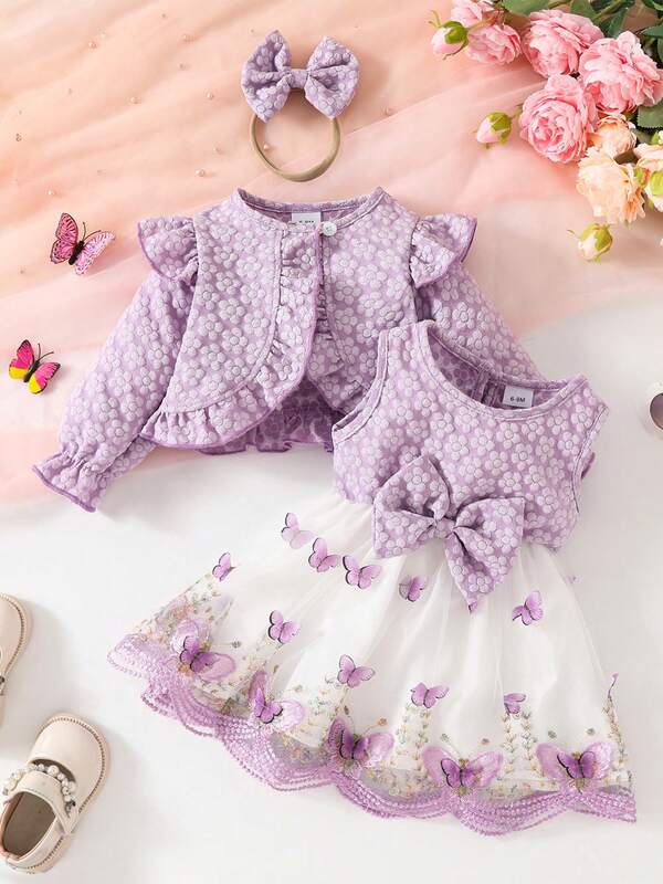 Toddler Girl Fall Outfits Butterfly Print Mesh Round Neck Sleeveless Tank Dress Long Sleeve Coat Headband 3Pcs Clothes Set