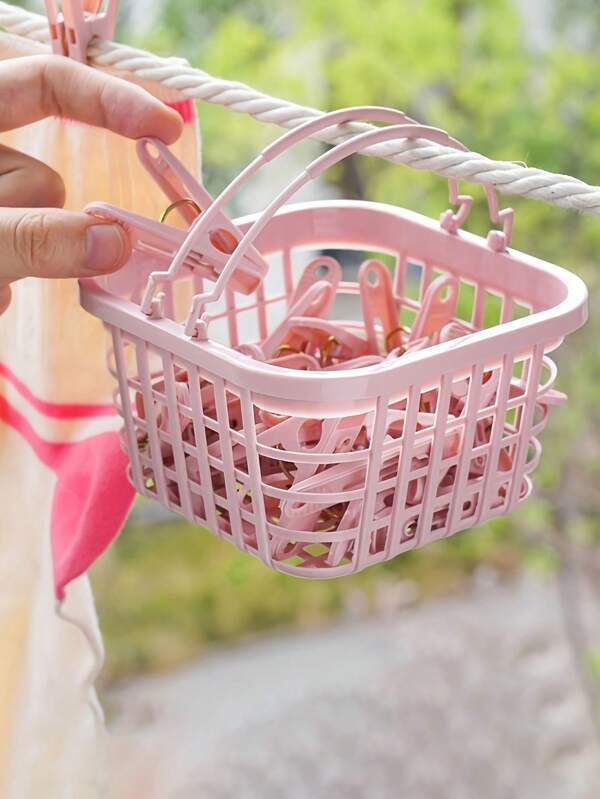 31pcs, 30 Clips Plus 1 Basket, Pink, Sturdy Plastic Clothespins With Individual Baskets – Portable Laundry & Sheet Drying Clips For Home & Travel Use, Perfect For Clothes Drying Racks, Laundry Accessories, And Hanging Clothes, Clothes Pins