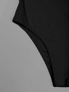 Petite Women's Minimalist High Stretch Solid Color Basic Fitted Bodysuit - Black - View 9