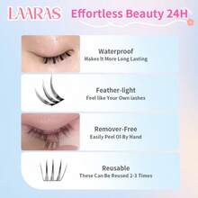 LAARAS 假睫毛，无胶自粘可重复使用纤细猫眼自然卷翘裸妆 36 对，防水全新设计