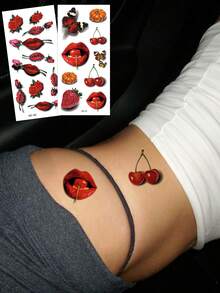 ورقتان من الوشم المؤقت، طباعة شفاه حمراء جذابة 3D ، فيونكة، كرز، قرع، وردة، مقاومة للماء، تدوم من 2 إلى 5 أيام، قادرة على تغطية الندوب، مناسبة للذراعين والرسغ والكتفين والساقين والخصر والرقبة والأيدي والصدر والفخذين والجسم