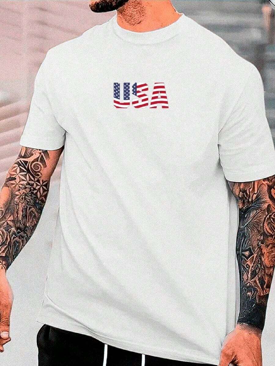 Men's T-Shirt United States USA Flag Fashion Streetwear Casual Round Neck In Premium Combed 30.1 Yarn Knit