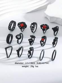 Set de 15 anillos de mujer con grandes gemas con diseño de flor y hoja calados en estilo vintage exagerado, accesorio de joyería para uso diario, ideal como regalo de San Valentín