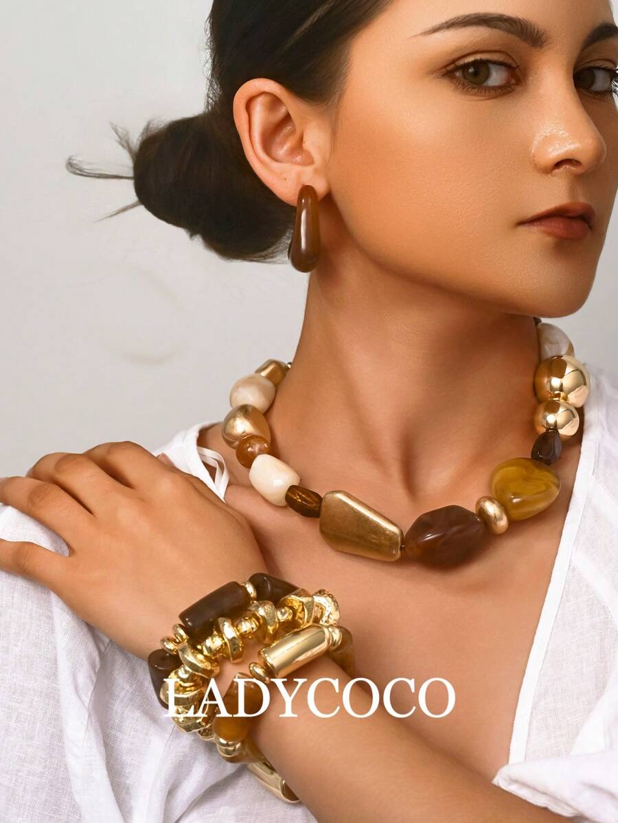 LADYCOCO 6 件套复古夸张厚多层棕色亚克力串珠项链和金色变形串珠手链，女士和情侣款，适合派对和日常佩戴