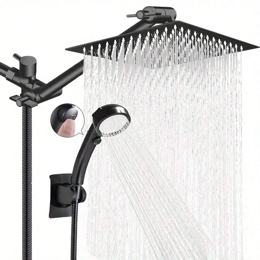 Shower Head, High-Pressure Showerhead/Handheld Shower Combination, With 8-Inch Top Spray, 9 Adjustable Leak Proof Shower Heads, With Bracket/Hose, Adjustable Angle, Contemporary Desig - Black-upgrade - View 1