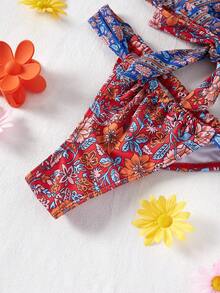 Bộ bikini mùa hè in họa tiết, cổ áo bất đối xứng, có dây rút - Nhiều màu - Xem 3