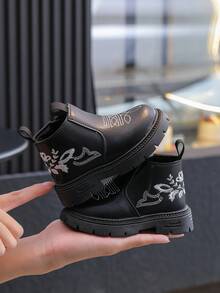 1 双儿童秋冬新款侧拉链刺绣靴，时尚百搭女童刺绣户外防滑靴 - 黑色 - 查看 3