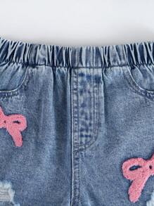 1pc Girls Golden Embroidered Cute Bow Ripped Denim Shorts, Fashion Streetwear Versatile