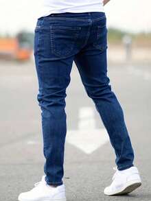1pc Men's Blue Slim Fit Stretchy Denim Jeans - Blue - View 2