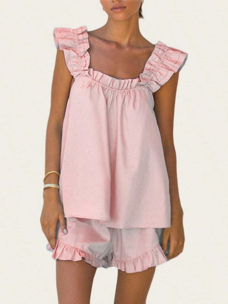Women Summer 2 Pieces Pajama Outfit Set Y2K Ruffle Sleeveless Crop Tank Tops And Ruffled Mini Shorts Sets Cute Pjs Sleepwear Loungewear - Berwarna merah muda - View 1