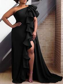 Women's Elegant Ruffled One Shoulder Backless Sleeveless Maxi Dress With Train, Spring/Summer - Black - View 1