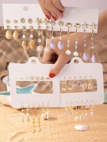 6 Pairs Summer Vocation Sea Beach Shell Starfish Dangle Earring Stud Earrings Set For Women - Multicolor - View 12
