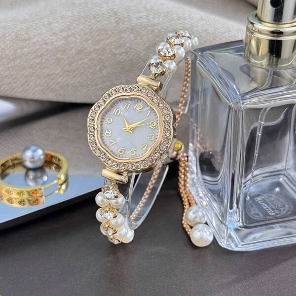 1 pièce Montre femme au boîtier en alliage orné de strass tréfle, avec chaîne double perle réglable, cadran avec chiffres arabes, quartz, style pastoral