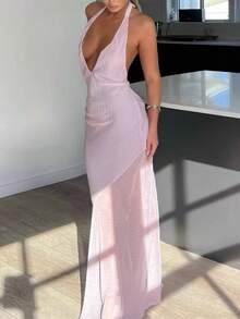 Summer Dresses For Women 2025 Halter Maxi Dress With Scarf Mini Dot Print Backless Bodycon Long Dress Slim Fit Going Out Dresses Wedding Guest Dresses Elegant Cocktail Party Dress Club Streetwear Beach Vacation Aesthetic Clothes Outfit - Hồng - Xem 3