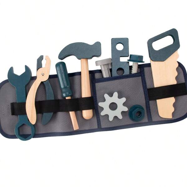 Kids Pretend Play Wood Repair Tool Belt Set, Includes Nut, Hammer, Screwdriver, Saw, Wrench - Children's Birthday Gift