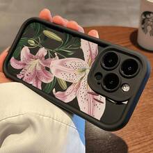 Vintage Floral Lily Pattern TPU Phone Case For IPhone 16 15 14 Pro Max 13 12 11 XR XS Plus Shockproof Drop Protection Rugged Durable Silicone Cover Cellphone Protective Flower Casing - 酒紅色 - 查看 7
