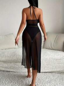 2pcs Set Solid Color Casual Elegant Sexy Net Insert Back Tie Ruffle Drawstring Swimsuit, Suitable For Beach, Travel, Workout, All Season