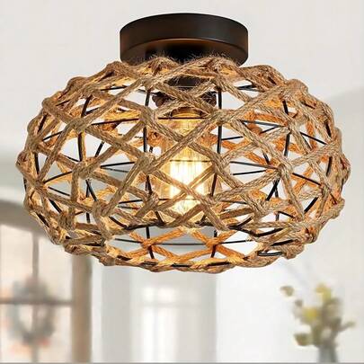 1 Piece Of American Countryside Style Rattan Art Lighting Fixture For Living Room, Bedroom, Study, Dining Room, Hand Woven Cage Ceiling Light
