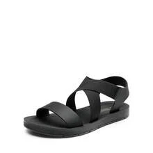 Women Flat Sandals Elastic Crisscross Ankle Strap Open Toe Summer Sandals Vacation Comfortable Shoes - 純黑色 - 查看 5