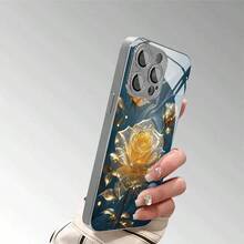 Golden Roses Glowing Ethereal Beauty Element Design-Silver Plated IPhone Case, Luxury Mirror Finish Tempered Glass Back Cover With Metal Frame - Slim Shockproof Protective Case For IPhone 15 Pro/14 Pro //IPhone[16/15/14/13/12/11 Pro Max] Series- Ideal Gift For Men & Women - 銀色 - 查看 2