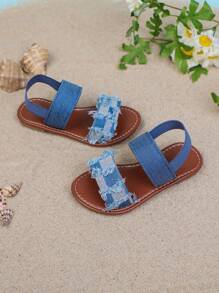 1 Pair New Style Children's Fashion Flat Sandals, Canvas Elastic Strap Design, & Versatile, Suitable For Girls Outdoor, Casual, Beach Wear